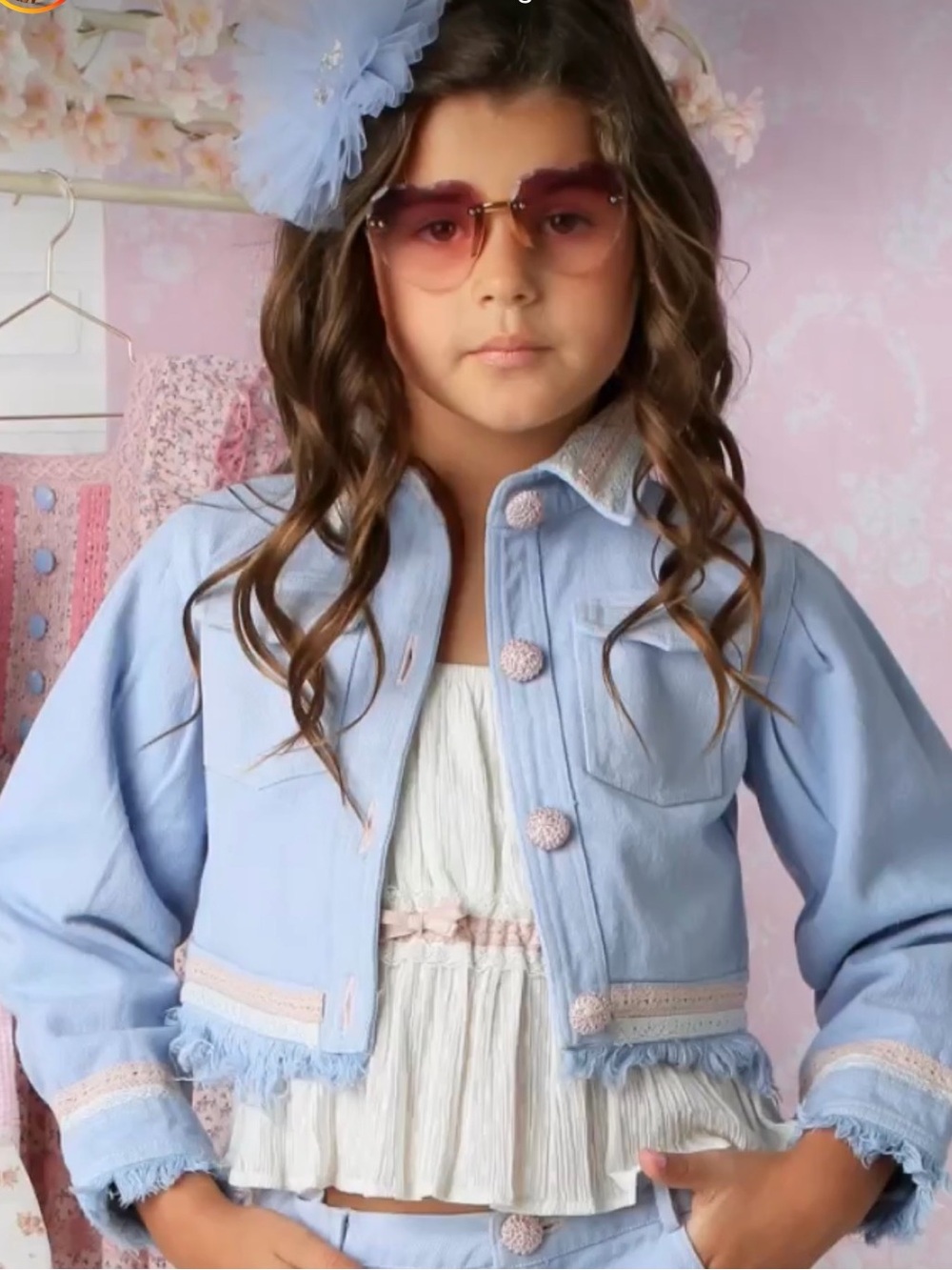 Ooh! La, La! Couture Kids Light Blue Fringe Cropped Jean Jacket - size 5